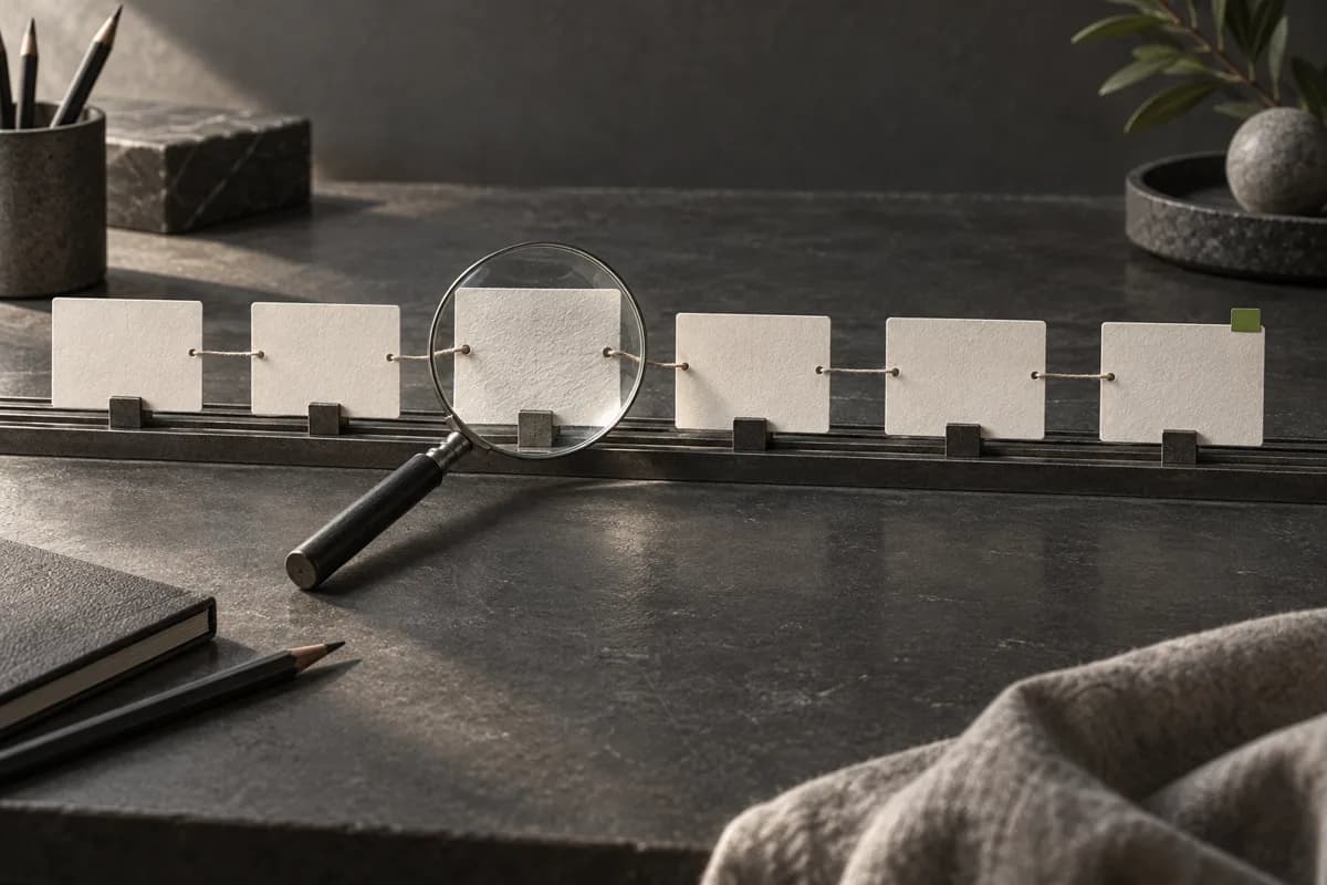 Conceptual illustration of six blank evidence cards correlated on a track, with one card examined through a magnifying lens.