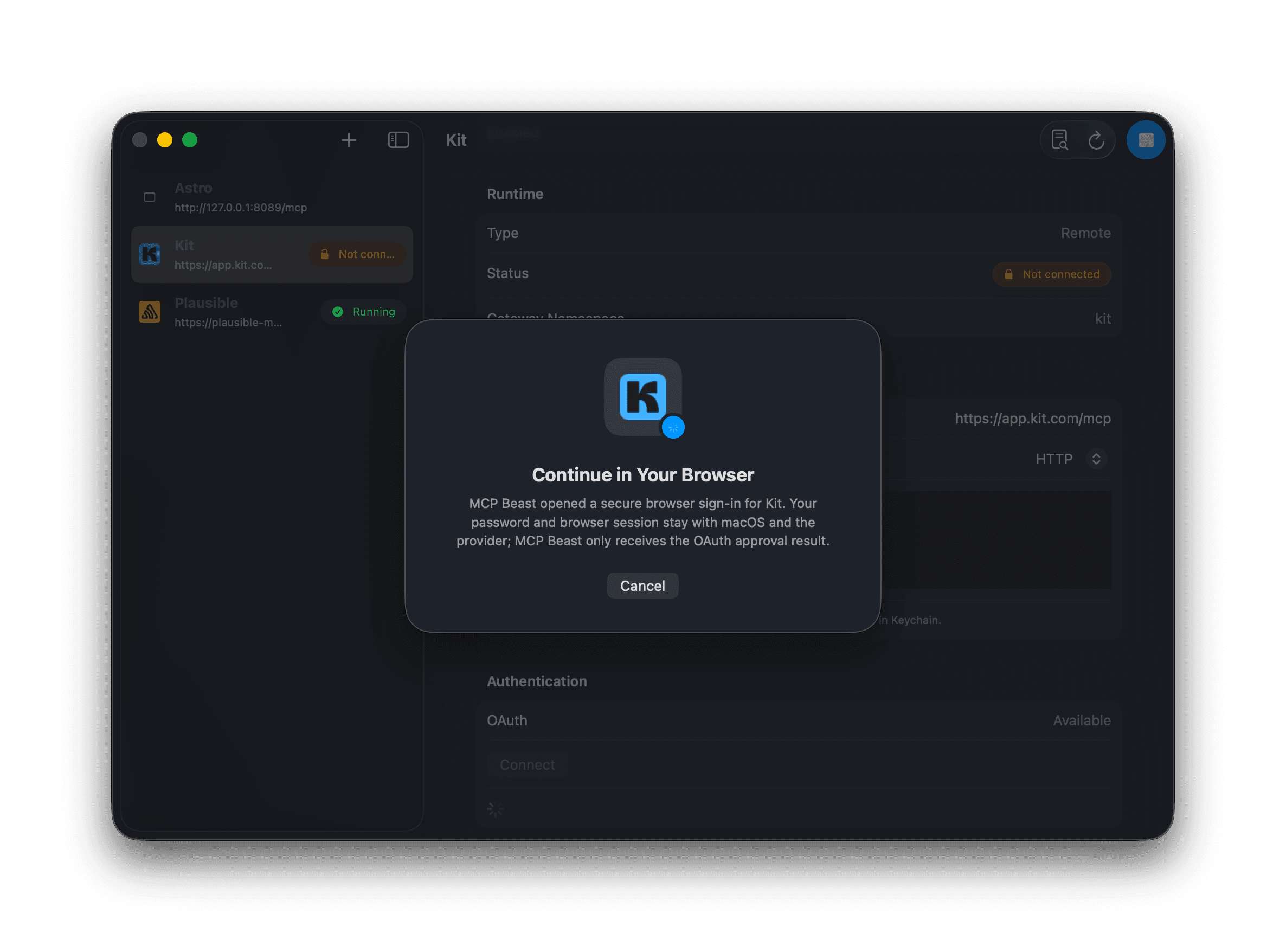MCP Beast add server flow showing OAuth authentication