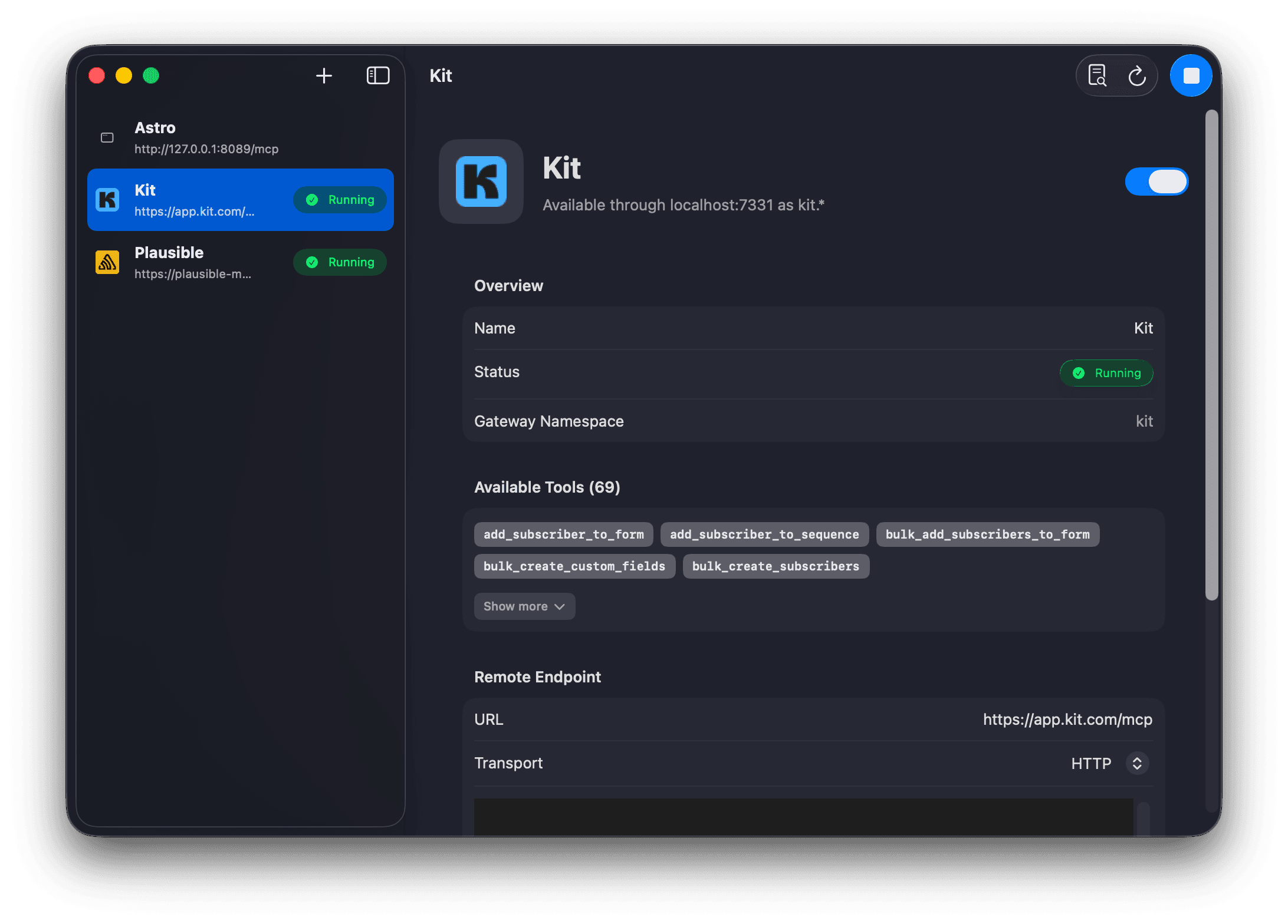 MCP Beast showing a selected MCP server with discovered tools